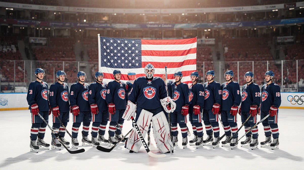 U.S. Olympic hockey team gathers around captain with national flag draped behind and blurred Milan Cortina in background