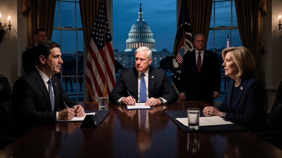 Senior officials meet at a classified briefing table with confidential documents and security guards standing watch