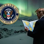 President Trump silhouette stands with hand on a map of Cuba and Colombia and US seal on snowy Greenland Northern Lights abov