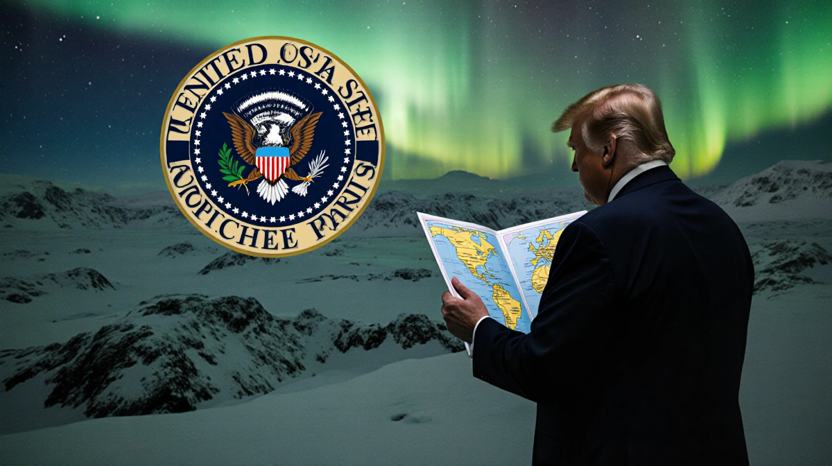 President Trump silhouette stands with hand on a map of Cuba and Colombia and US seal on snowy Greenland Northern Lights abov