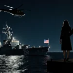 US warship anchored off Venezuela at night with helicopters hovering above and Maduro wife silhouetted on deck looking out