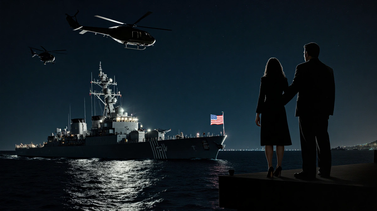 US warship anchored off Venezuela at night with helicopters hovering above and Maduro wife silhouetted on deck looking out