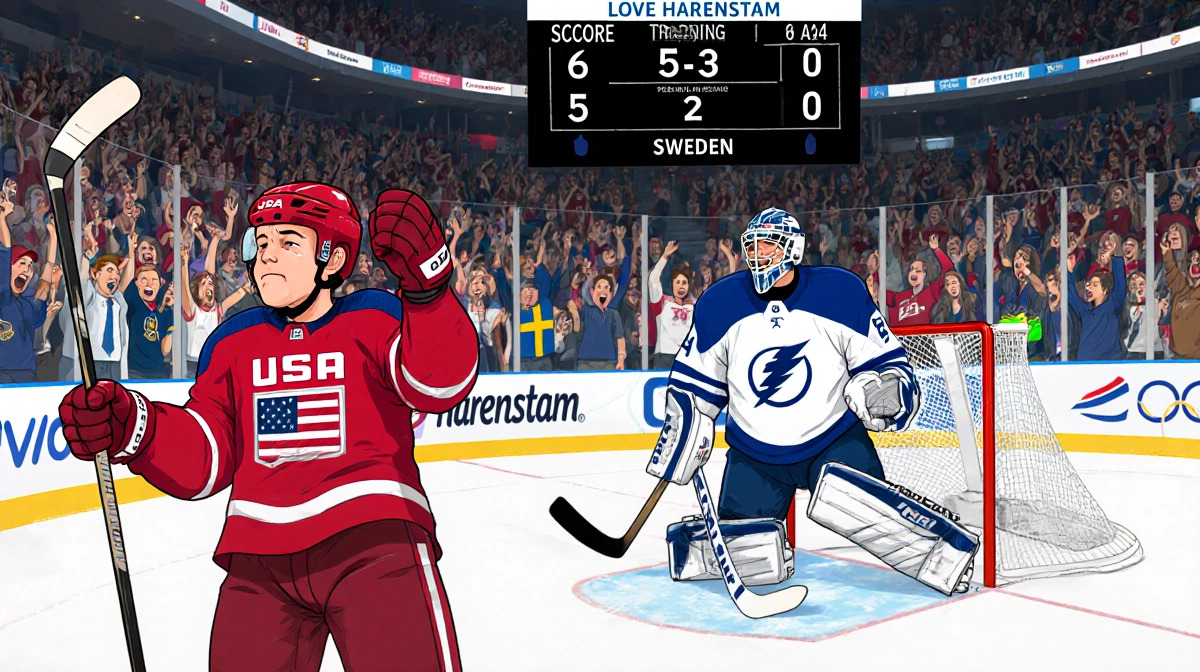 USA hockey player in red frowning with the cheering arena crowd and a 6-3 scoreboard showing Sweden's lead.