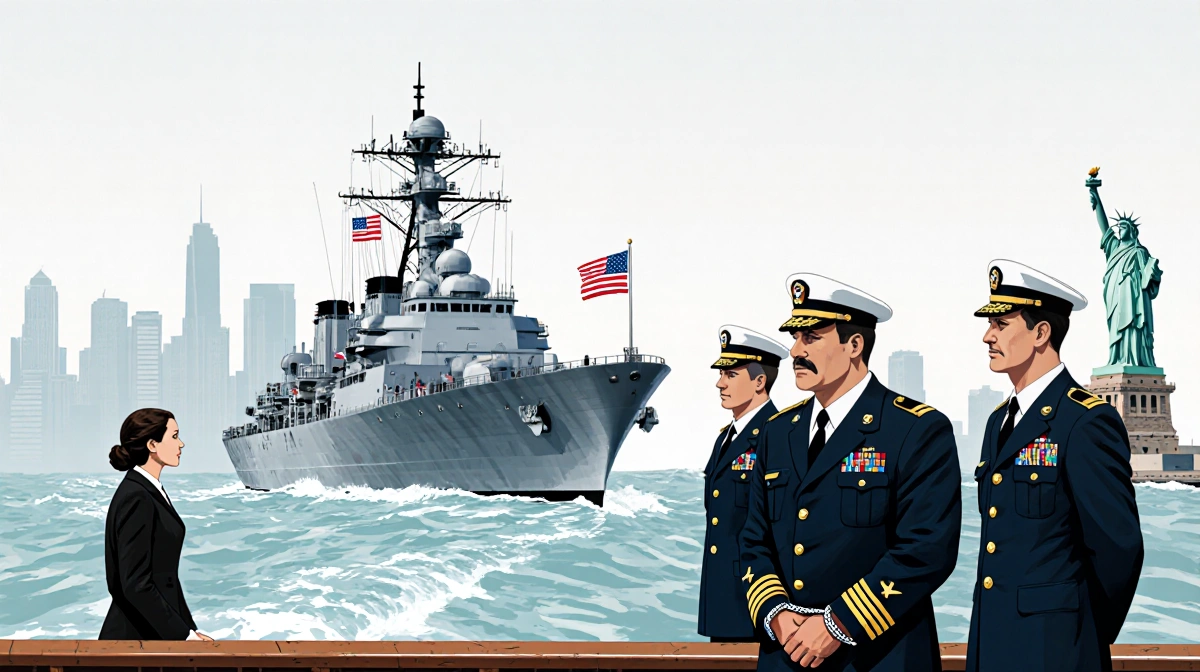 Cilia Flores looks out to sea with USS Iwo Jima and flag while Maduro stands opposite with cuffed hands.