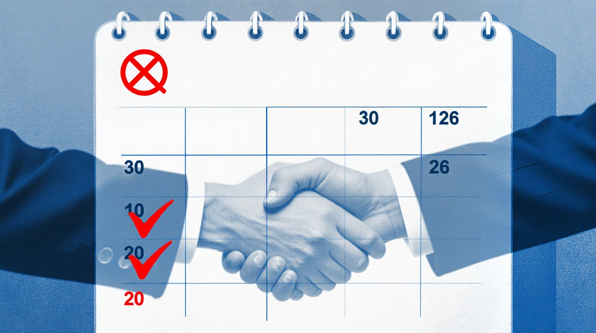 Calendar marking June 30 2026 with a red X and a blurred handshake symbolizing USMCA on a blue background.