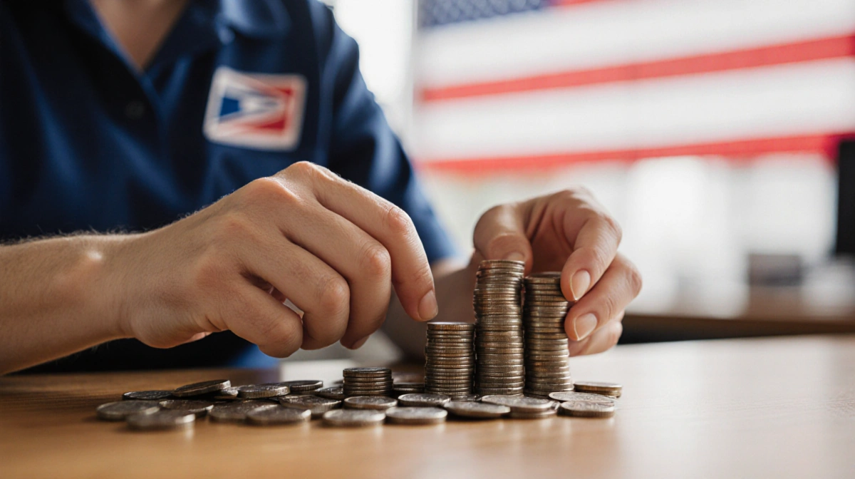 USPS clerk with a hint of a smile counting stacks of quarters and dimes with warm wooden counter and blurred flag background