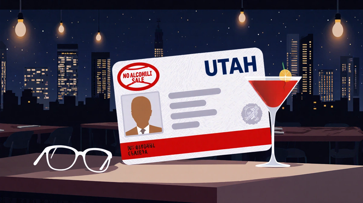 Utah ID card displaying red stripe and No Alcohol Sale warning with cocktail glass nearby