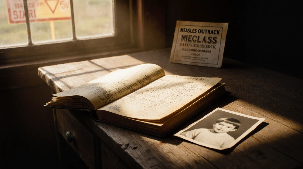 Vintage vaccination record book lies open on Texas wooden desk with pages and a faded child photo under warm golden light