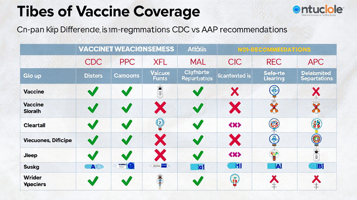 Table shows vaccine coverage with green checks for recommended shots and red Xs for nonrecommended, comparing CDC and AAP