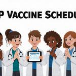 Young doctors clasp hands in united front with background and bold AAP Vaccine Schedule text above holding CDC tablet