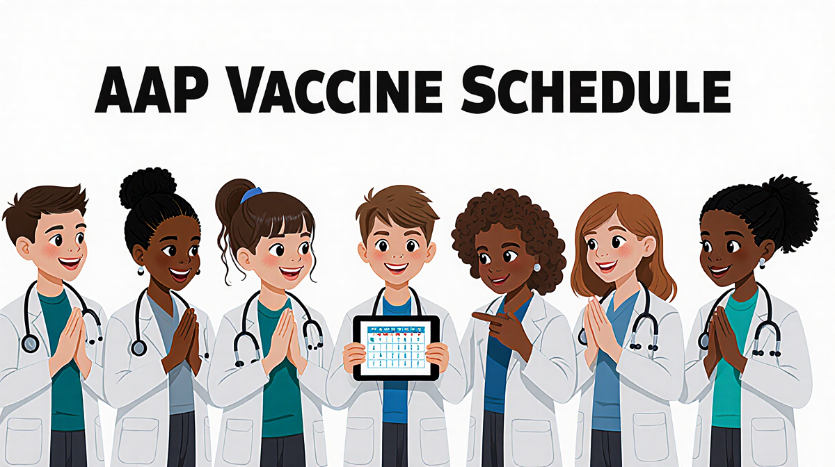 Young doctors clasp hands in united front with background and bold AAP Vaccine Schedule text above holding CDC tablet