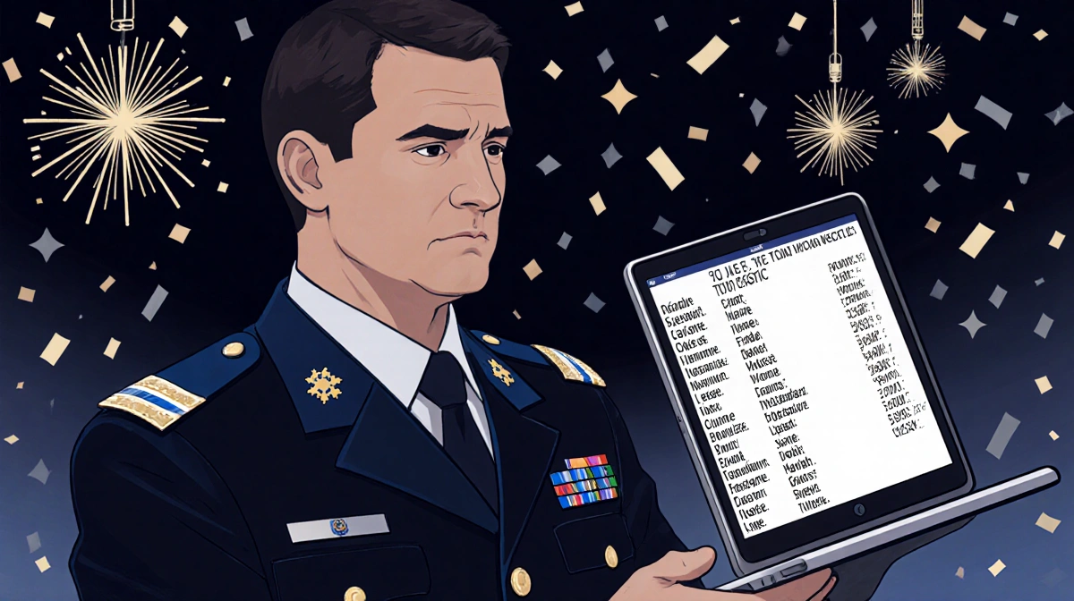 Police commander Frédéric Gisler holding a tablet with a victim list with subtle New Year's confetti in background