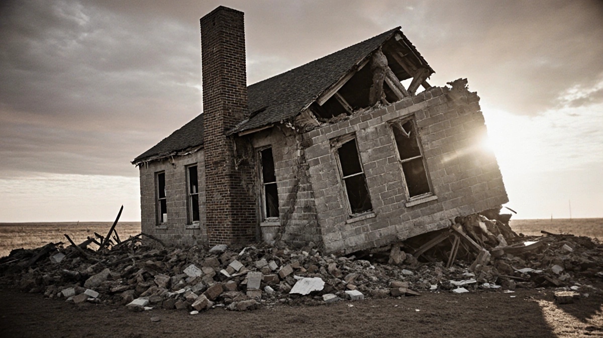 Damaged schoolhouse collapses with broken bricks twisted metal and sunrise casting shadows over earthquake debris Valentine