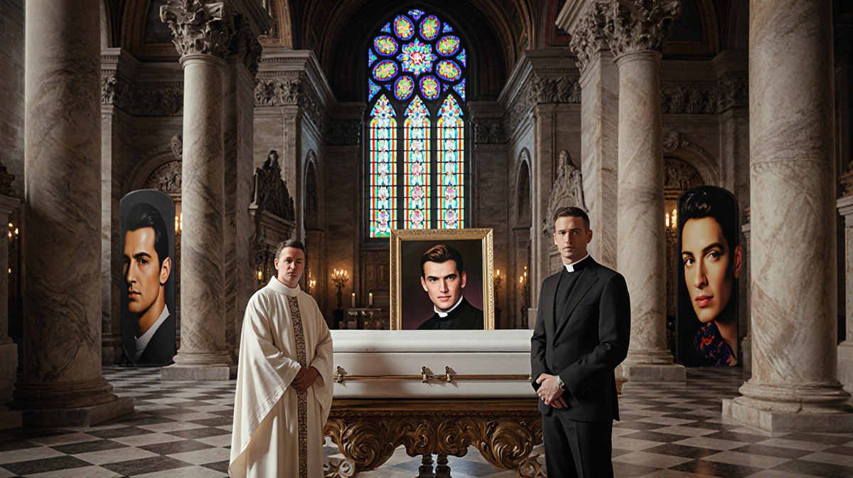 Priest standing beside portrait with stained glass light and ornate columns in basilica