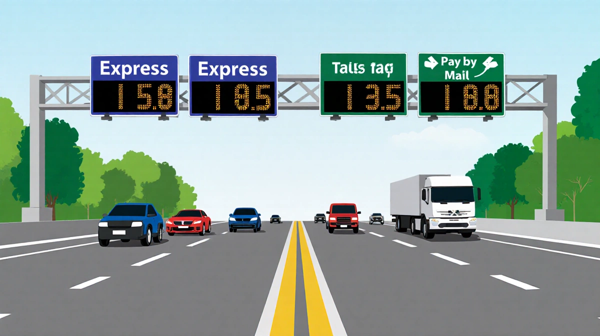 Highway lanes showing variable toll pricing signs with electronic tags and Pay by Mail options near each entrance and icons f