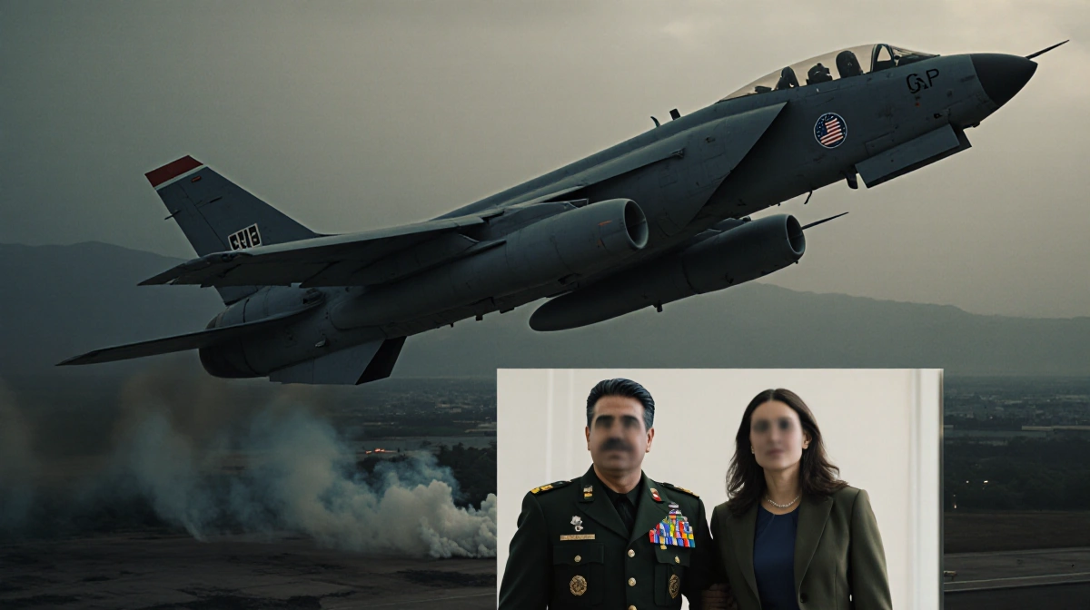 Military aircraft hovering over Venezuelan airport with US insignia and escort moving Maduro and Flores through misty air