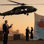 President Trump stands beside a hovering helicopter with a Venezuela map unfurling and detained figures surrounded by soldier