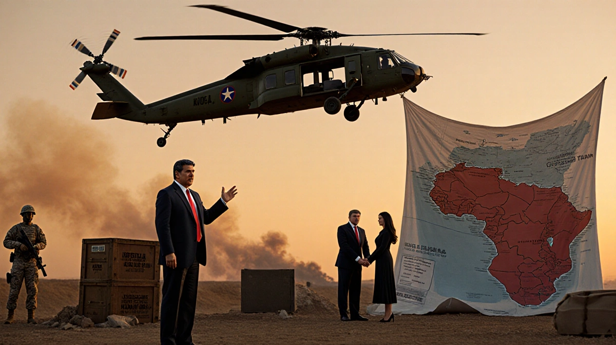 President Trump stands beside a hovering helicopter with a Venezuela map unfurling and detained figures surrounded by soldier