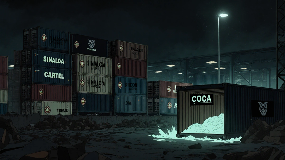 Cargo ship mooring with stacked crates bearing cartel emblem and a menacing glow and a large container labeled Coca