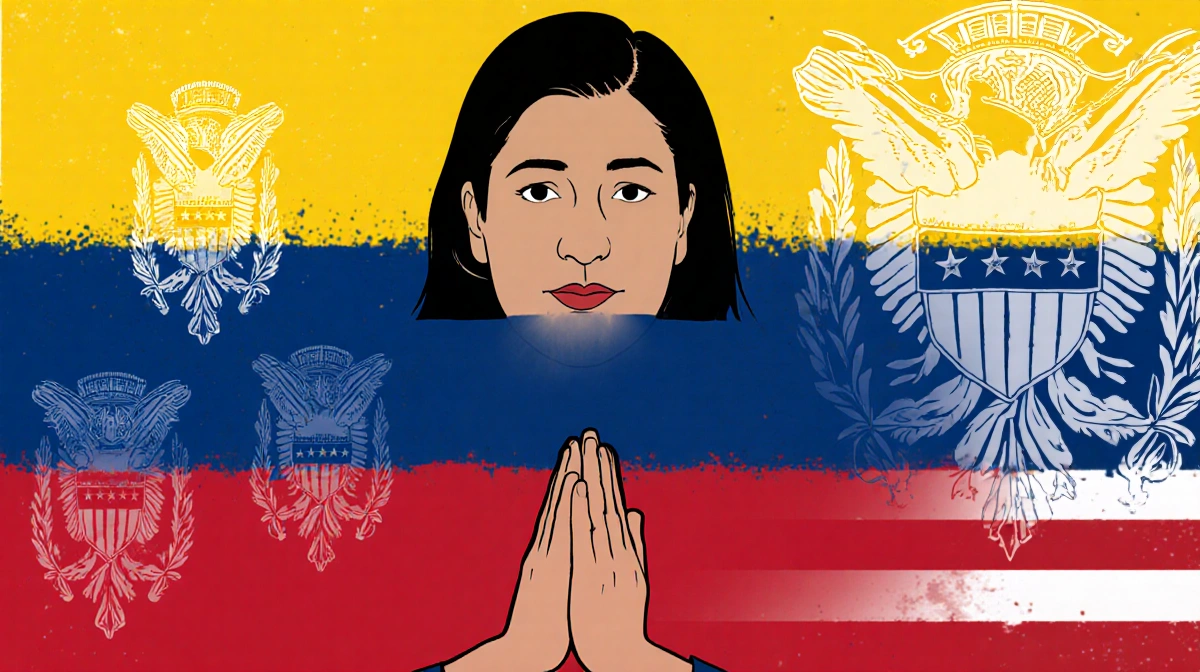 Maduro hiding face with hands over partially obscured Venezuela flag and faint US flag behind symbolizing resistance