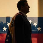 Marco Rubio standing before American flag backdrop with Venezuelan flag on his shoulder and Caracas in the background.