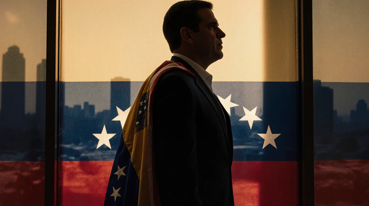 Marco Rubio standing before American flag backdrop with Venezuelan flag on his shoulder and Caracas in the background.