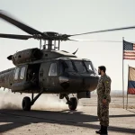 Helicopter landing on dusty Venezuelan airstrip with Maduro beside it and flag and protest banner in background.