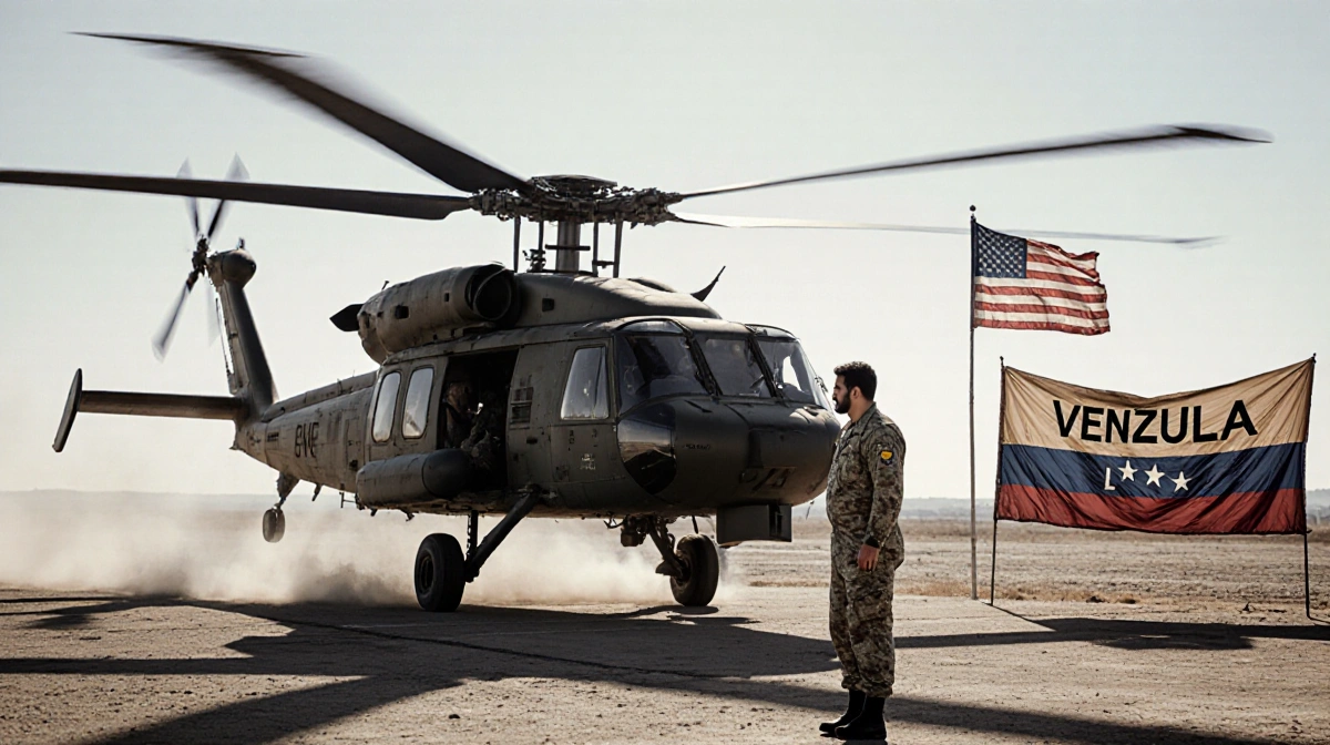 Helicopter landing on dusty Venezuelan airstrip with Maduro beside it and flag and protest banner in background.