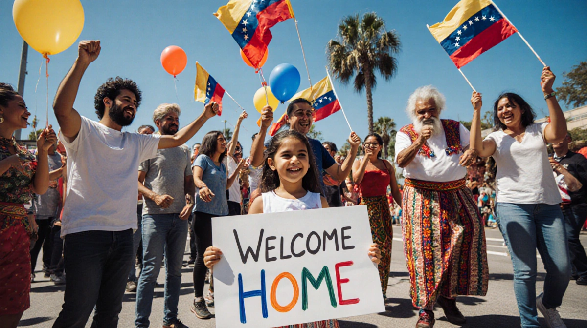 Young girl holds a Welcome Home sign with vibrant Venezuelan flags and blue sky in a South Florida celebration of migrants
