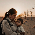 Venezuelan mother clutching her son with tired eyes wearing worn clothes under a desert sunset