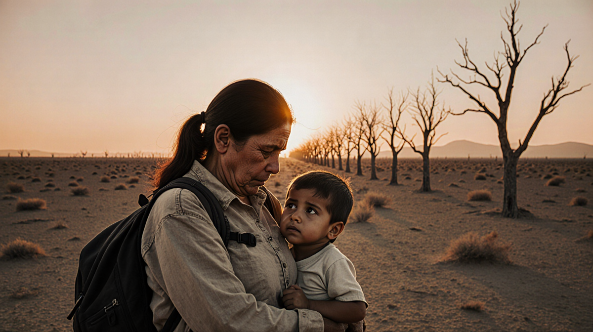 Venezuelan mother clutching her son with tired eyes wearing worn clothes under a desert sunset
