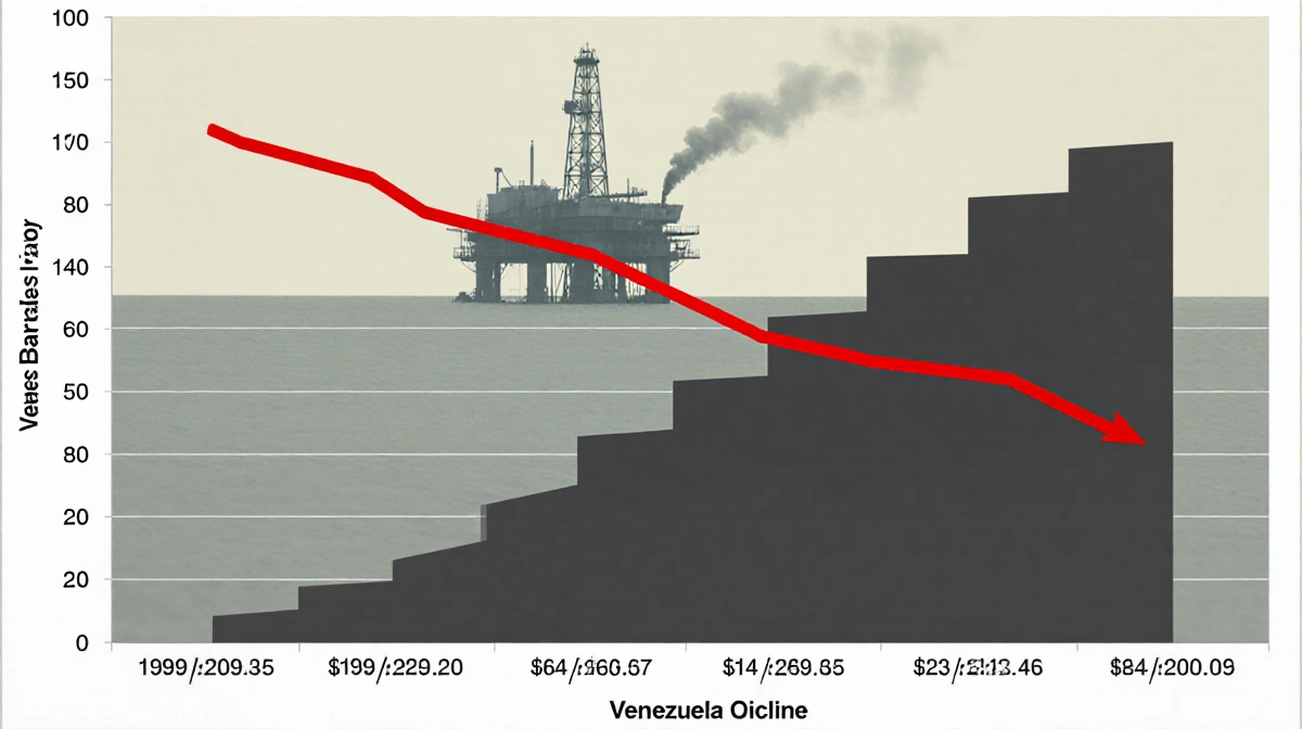 Bar graph shows Venezuela's oil production decline with a red downward trend line and a subtle US oil rig background