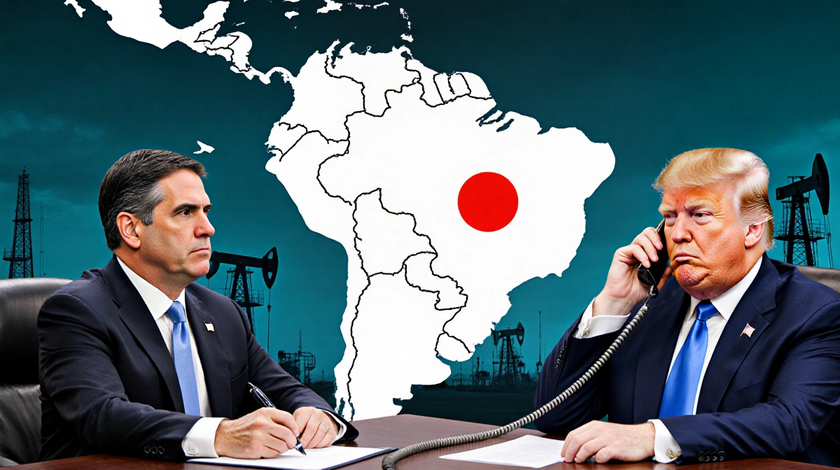 Rubio and Trump seated at desk arguing over Venezuela oil with map and oil rigs backdrop showing leverage