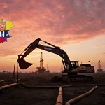 Excavator stands alone with rusting abandoned rigs and orange sunset sky over the Orinoco Belt