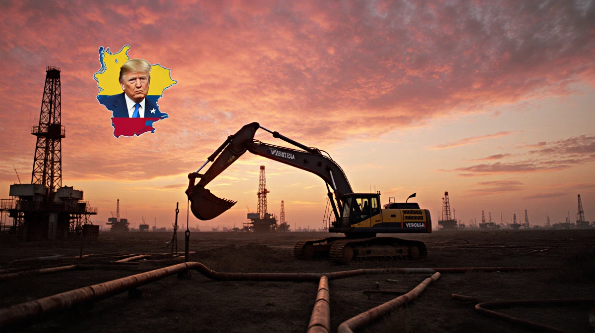 Excavator stands alone with rusting abandoned rigs and orange sunset sky over the Orinoco Belt