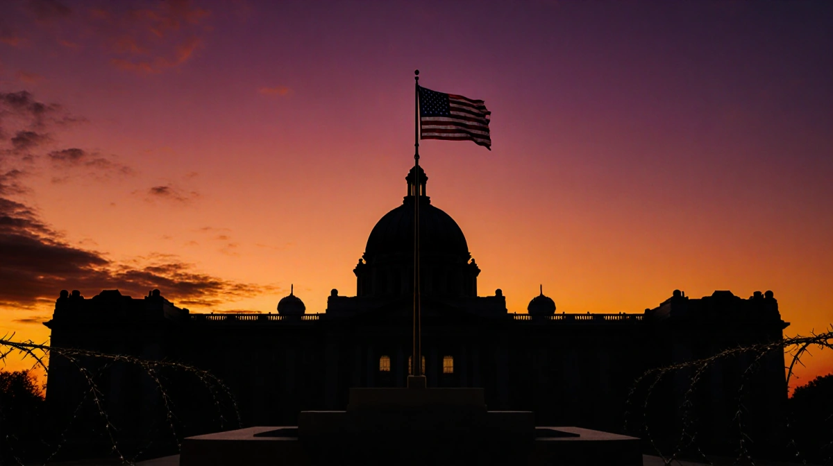 Venezuelan Presidential Palace rises under a sunset sky with an American flag on dais and barbed wire surrounding the buildin