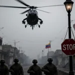 US Navy helicopter hovering above a makeshift checkpoint with armed Venezuelan soldiers and a crooked red STOP sign