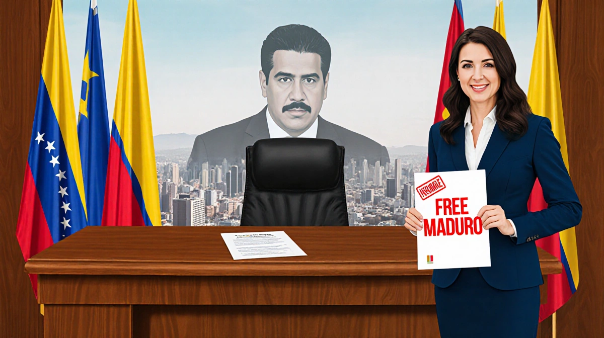 Judge presides over courtroom with red decree and Venezuela flags as Delcy Rodríguez holds Free Maduro image behind