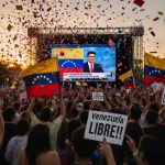 Venezuelan exiles celebrating with vibrant flags and confetti and a giant screen showing news footage in Doral streets