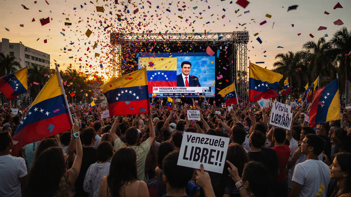 Venezuelan exiles celebrating with vibrant flags and confetti and a giant screen showing news footage in Doral streets