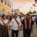 Venezuelan family walking hand in hand toward mural with colorful street festival and American flags