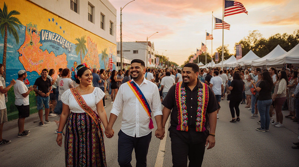 Venezuelan family walking hand in hand toward mural with colorful street festival and American flags