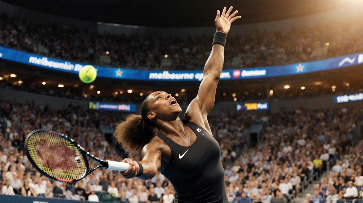 Venus Williams unleashing a tennis serve illuminated by Australian Open stadium lights and crowd.
