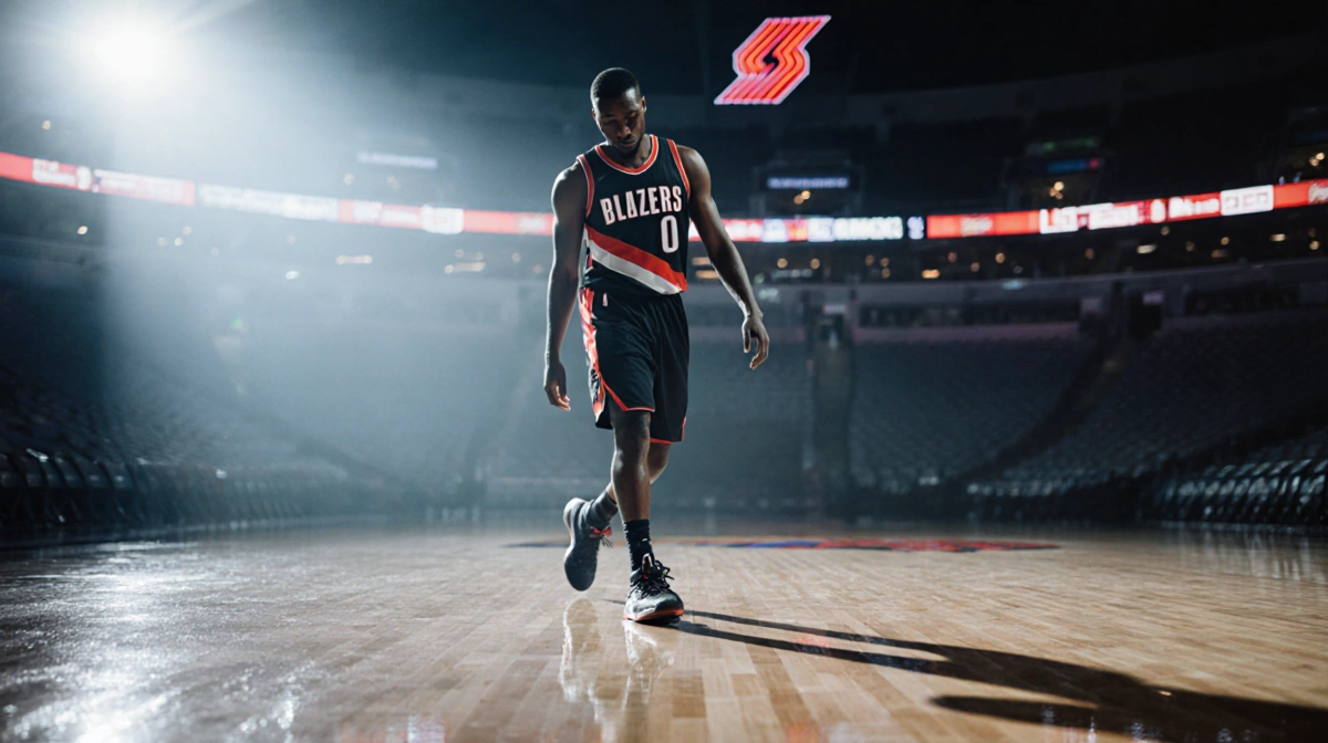 Victor Wembanyama walking on lit basketball court with knee injury reflected in wet floor and blurred Trail Blazers logo.