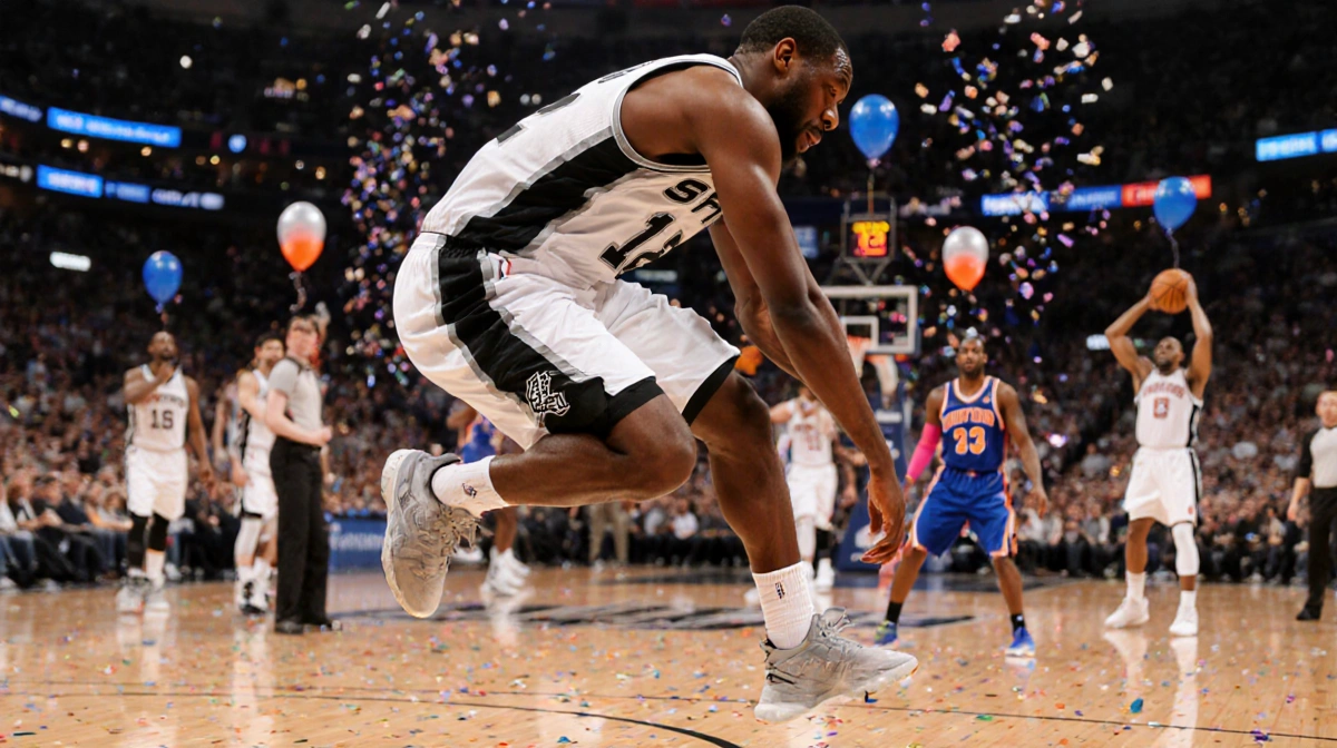 Victor Wembanyama jumps in a Spurs #12 jersey with his knee hyperextended and confetti raining over a blurred basketball cour