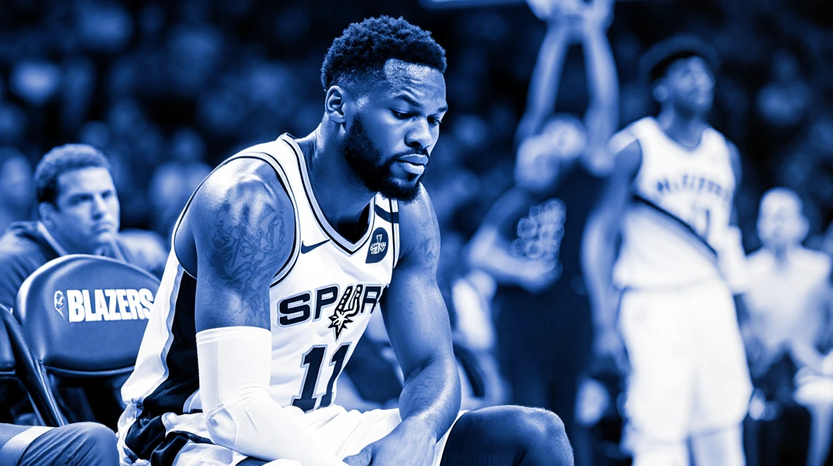 Victor Wembanyama seated on the Spurs bench with a strained knee and the Trail Blazers crowd blurred behind