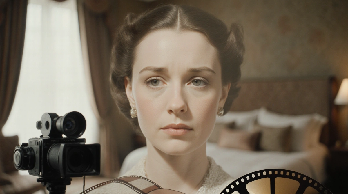 Victoria looking melancholic with muted pastel tones and a vintage camera in foreground over blurred hotel room