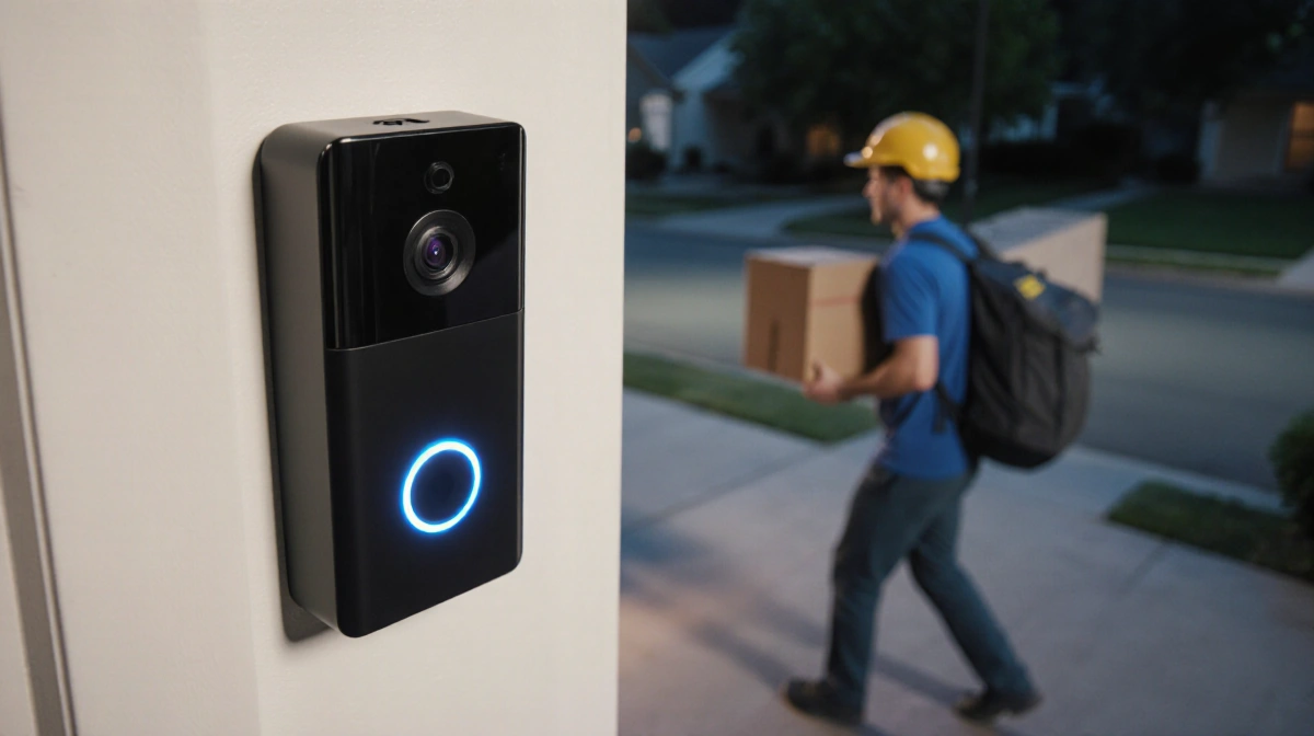 Delivery driver approaching smart video doorbell with night vision LED lights illuminating the porch floor