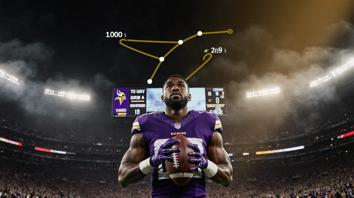 Justin Jefferson holds football on Vikings scoreboard showing 1000-yard milestone under golden lights.