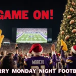 Crowded stadium fans cheer with Vikings jerseys and foam fingers near a giant Christmas tree lit with golden footballs